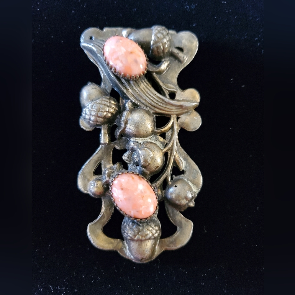 Large Art Nouveau Dress Clip Acorn Lily of the Valley Coral Glass Antique